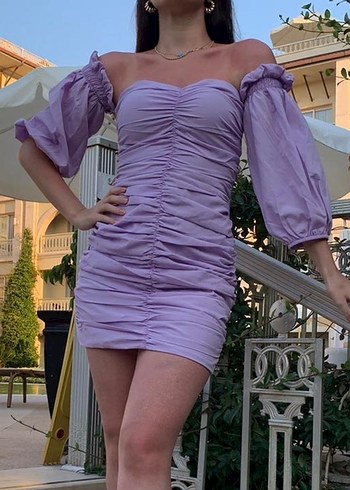 Mor Drapeli Mini Straplez Elbise - Görsel 2