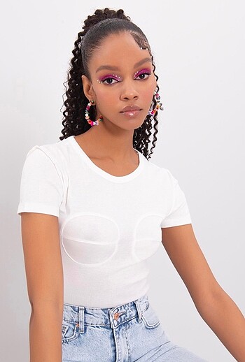 Ekru bisiklet yaka crop body