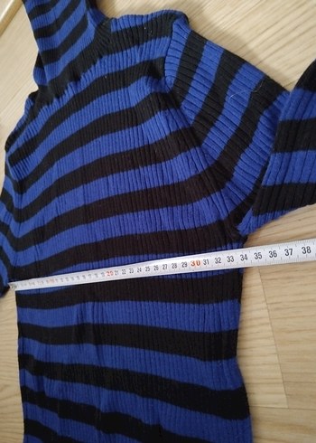 Çizgili Mavi Boğazlı Triko Kazak - Görsel 3