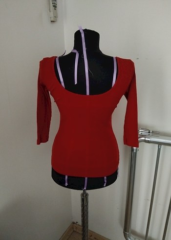 Kadın Kırmızı Dar Kesim Triko Bluz - Görsel 3