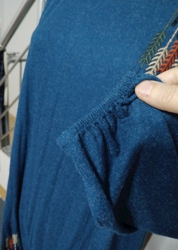 Uzun Kollu Bohem Örme Denim Tunik - Görsel 3