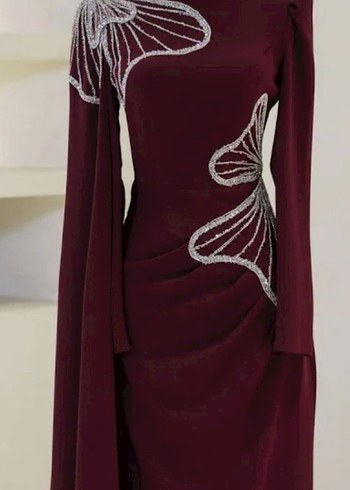 moda zehrada bordo Uzun Kollu İşlemeli Abiye Elbise