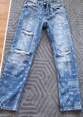 Bohem Gri Mavi Batik Desenli Salaş Midi Kot - Görsel 2