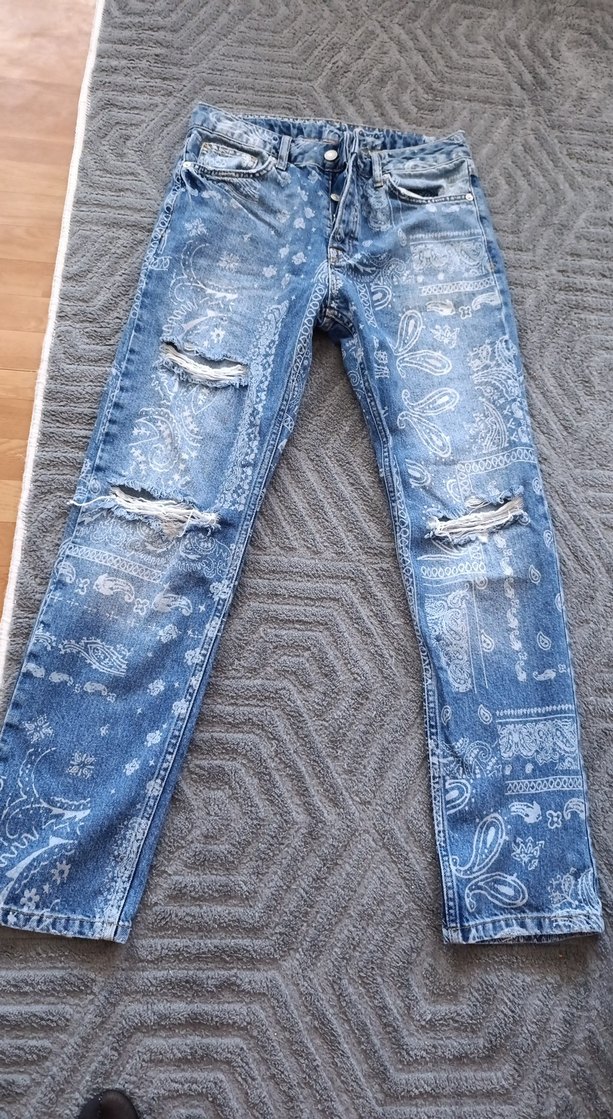 Bohem Gri Mavi Batik Desenli Salaş Midi Kot - Görsel 2