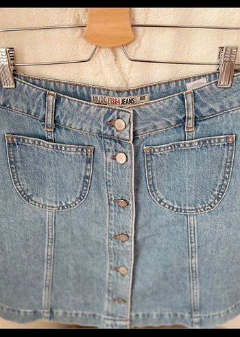 Düğmeli Mavi Denim Midi Etek - Görsel 5