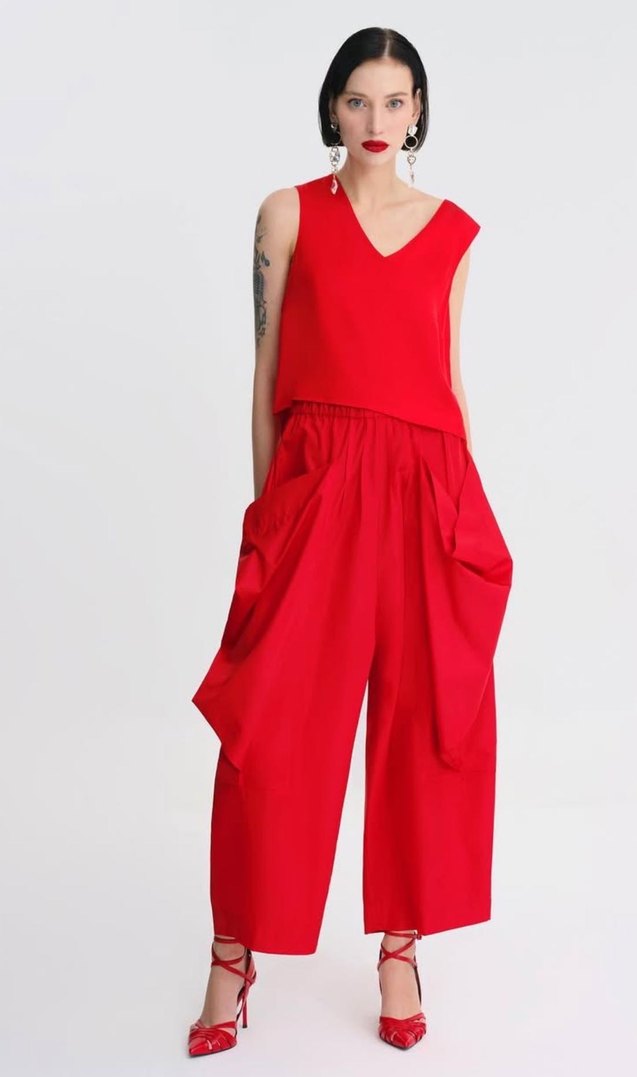 Kadın Kırmızı Nakışlı Uzun Kumaş Tulum - Görsel 2