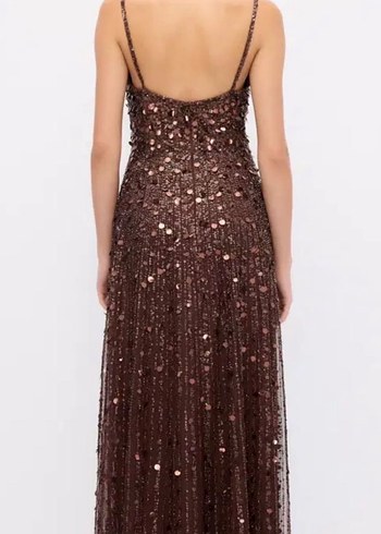 Boncuk İşlemeli Kahverengi Uzun Abiye Elbise - Görsel 3