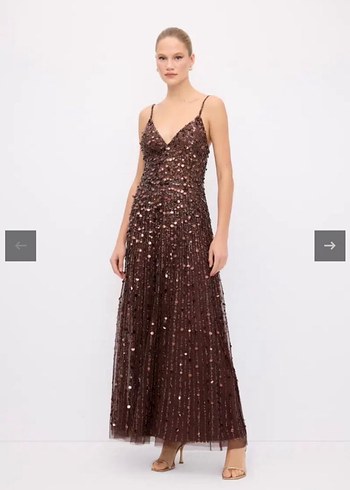 Boncuk İşlemeli Kahverengi Uzun Abiye Elbise - Görsel 2