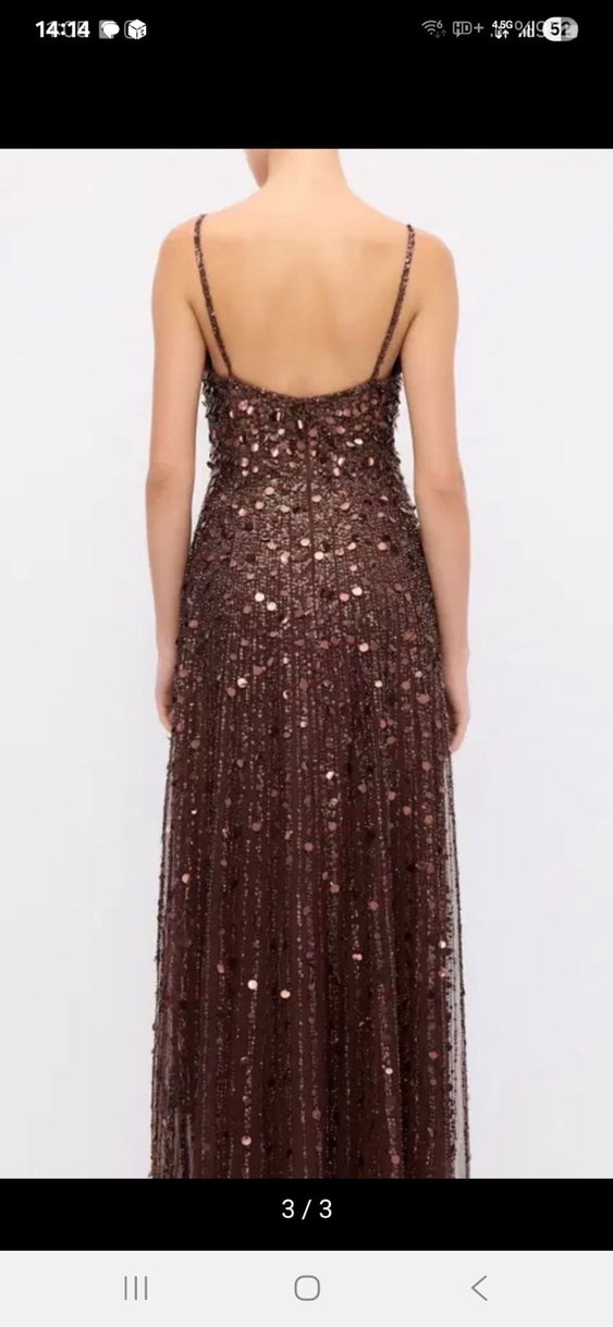 Boncuk İşlemeli Kahverengi Uzun Abiye Elbise - Görsel 3