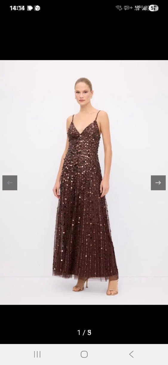 Boncuk İşlemeli Kahverengi Uzun Abiye Elbise - Görsel 2