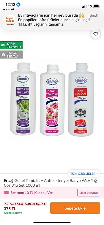 ERSAĞ 3?LÜ SET(GENEL TEMİZLİK+YAĞ ÇÖZ+BANYO WC)