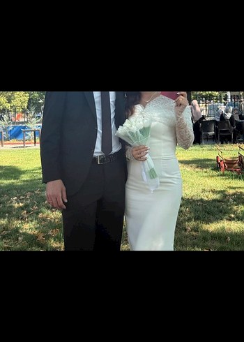 36 Beden Dantel Detaylı Uzun Beyaz nikah ve nişan elbisesi