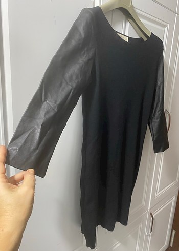 Deri Kollu Siyah Midi Triko Elbise M-L - Görsel 2