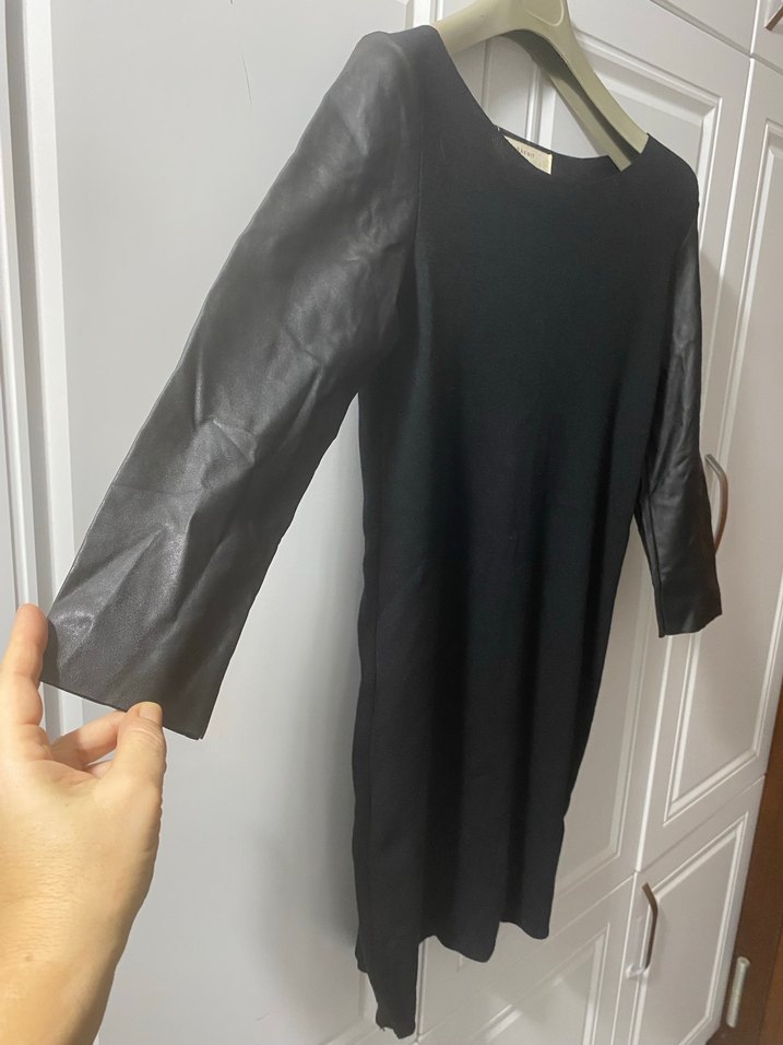 Deri Kollu Siyah Midi Triko Elbise M-L - Görsel 2