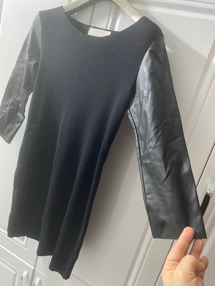 Deri Kollu Siyah Midi Triko Elbise M-L - Görsel 3