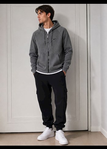 Nike Gri Kapusonlu Fermuarli Sweatshirt