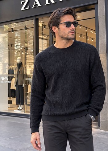 Zara Siyah Dokulu Bisiklet Yaka Triko Kazak Xl