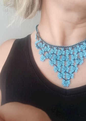 Turkuaz Boncuk İşlemeli Bohem Kolye - Görsel 2