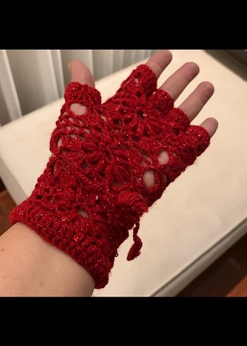 Kırmızı Parıltılı Örgü Bohem Kadın Eldiveni - Görsel 4
