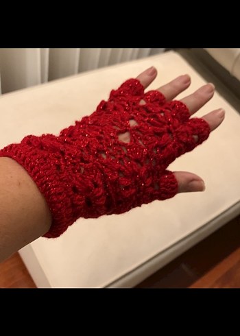 Kırmızı Parıltılı Örgü Bohem Kadın Eldiveni - Görsel 3