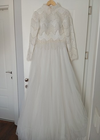 Tesettür Boncuk İşlemeli Beyaz Gelinlik - Görsel 3