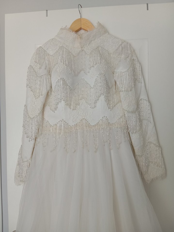 Tesettür Boncuk İşlemeli Beyaz Gelinlik - Görsel 2