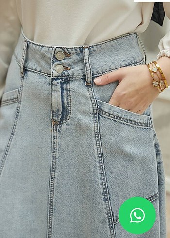 Düğmeli Gri Mavi Midi Denim Etek