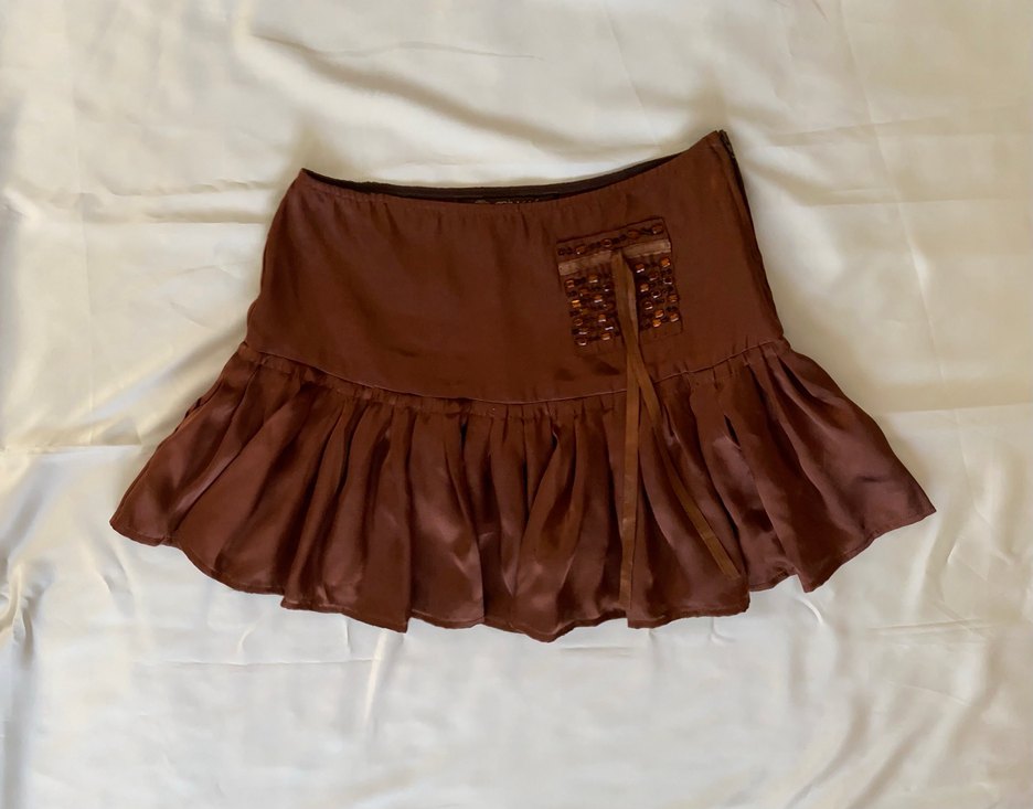 Bohem Kahverengi Fırfırlı Mini Etek - Görsel 1