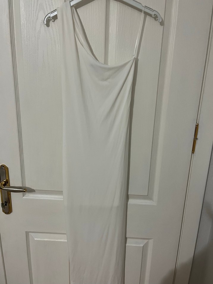 Beyaz Drapeli Uzun Abiye Elbise - Görsel 5