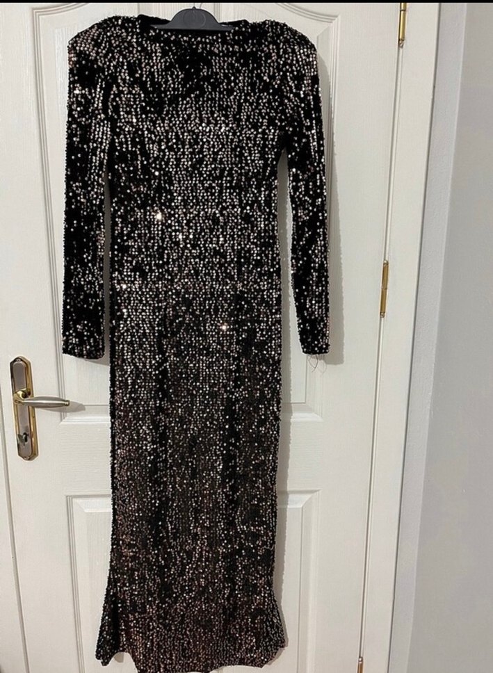 Siyah Simli  Desenli Uzun Abiye Elbise - Görsel 4