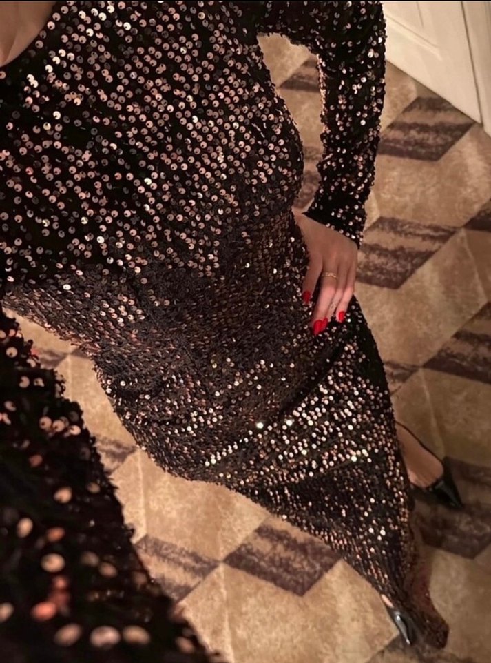 Siyah Simli  Desenli Uzun Abiye Elbise - Görsel 3