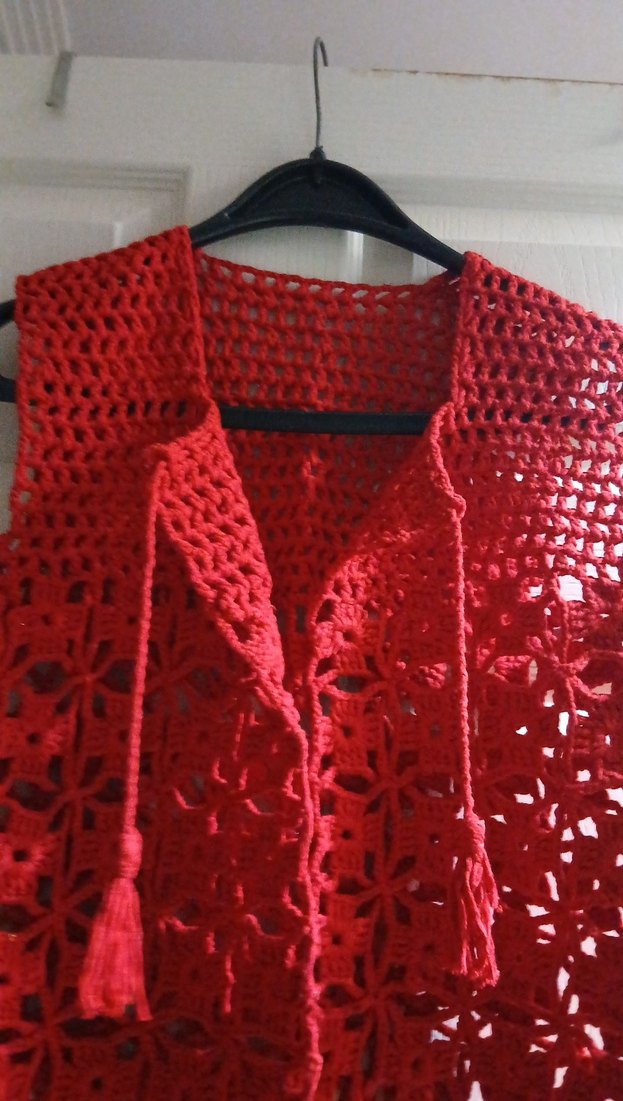 Kırmızı Dantel Detaylı Örgü Bohem Yelek - Görsel 3