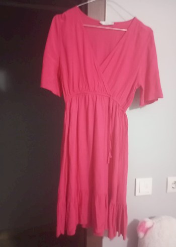 Pembe Midi Bohem V Yaka Elbise