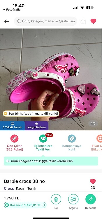 38 Beden pembe Renk Crocs terlik 38 no
