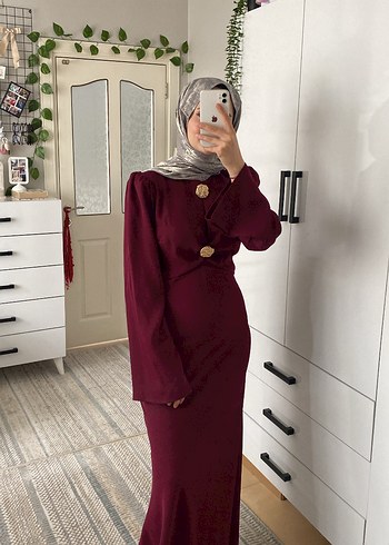 Bordo Düğmeli Uzun Kadın Elbise
