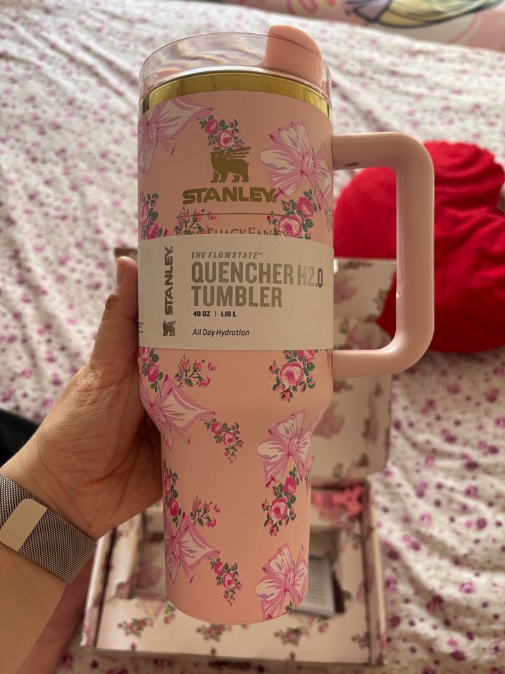 Pastel Pembe Stanley Çiçek Desenli Termos Bardak - Görsel 4