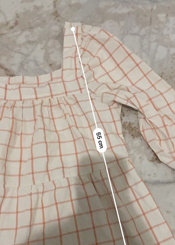 Kız Çocuk Bej Kareli Keten Elbise - Görsel 6