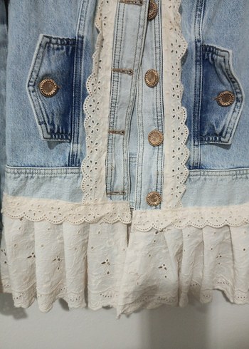 s Beden Düğmeli Bohem Mavi Kadın Denim Ceket