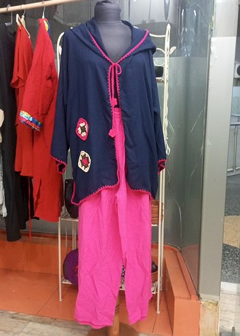 motifli Bohem Tarzı Pembe pantolon ve kimono