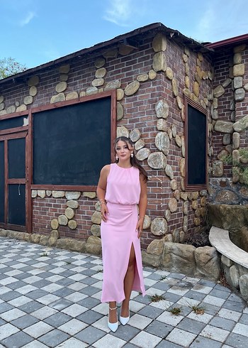 Pembe Zara Uzun Drapeli Kadın Elbise