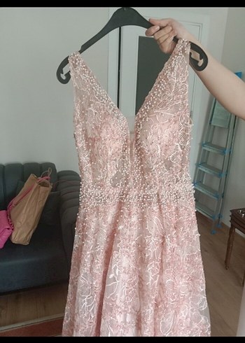xl Beden Pembe Nakışlı Uzun Dantel Abiye Elbise