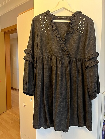 Zara XS antrasit inci detay elbise