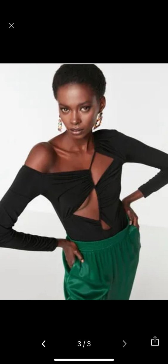 Siyah V Yaka Deri Bluz, Uzun Kollu, İnce Kesim - Görsel 3