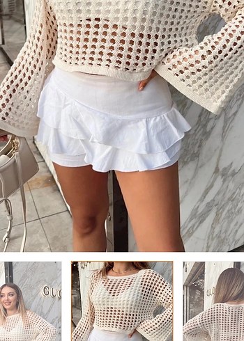 Kadın Beyaz Dantel Detaylı Bohem Triko - Görsel 7