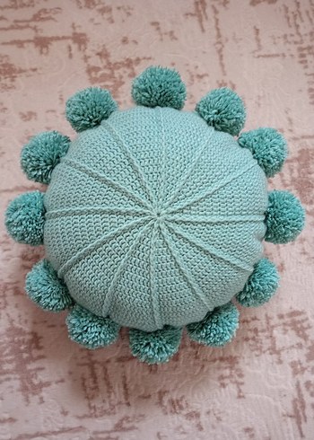 Bohem Tarzı Turkuaz Ponponlu Yuvarlak Yastık - Görsel 2