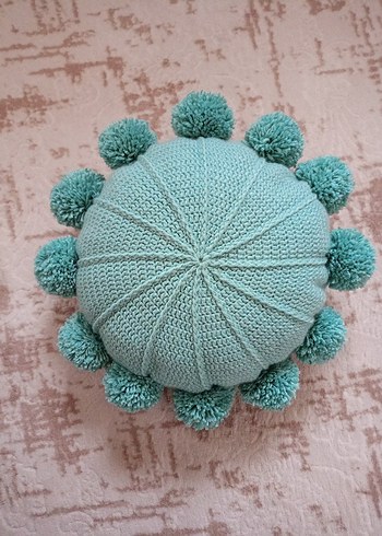 Bohem Tarzı Turkuaz Ponponlu Yuvarlak Yastık - Görsel 5