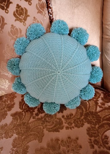 Bohem Tarzı Turkuaz Ponponlu Yuvarlak Yastık - Görsel 3