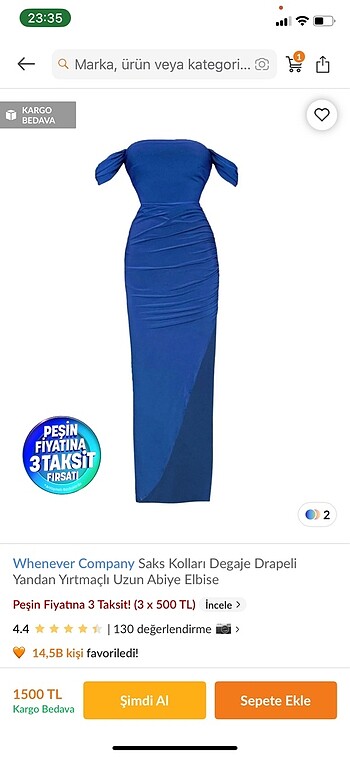 Saks mavisi yandan yırtmaçlı elbise
