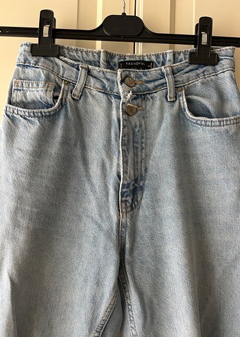 Düğmeli Mavi Bol Kesim Midi Kot Pantolon