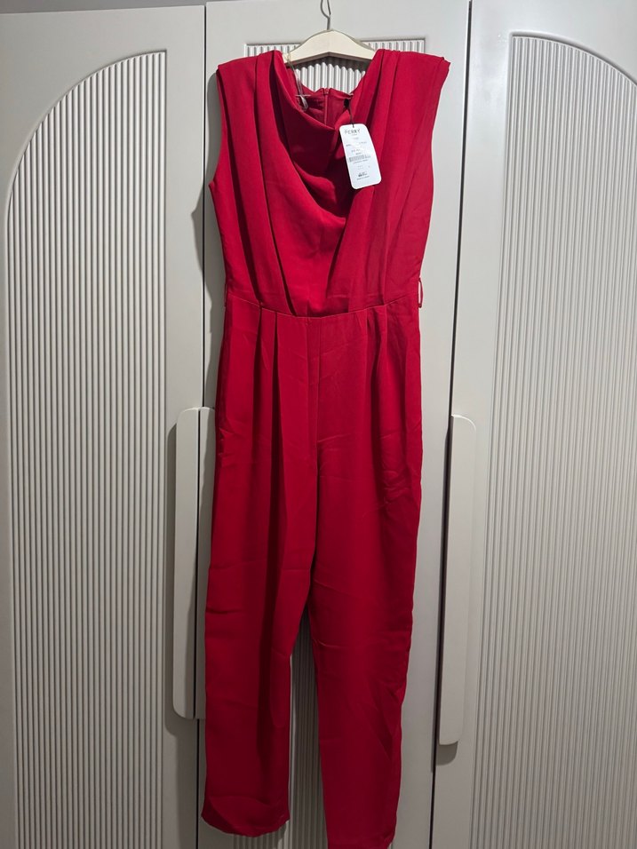 Kırmızı Drapeli Midi Kadın Tulum - Görsel 2